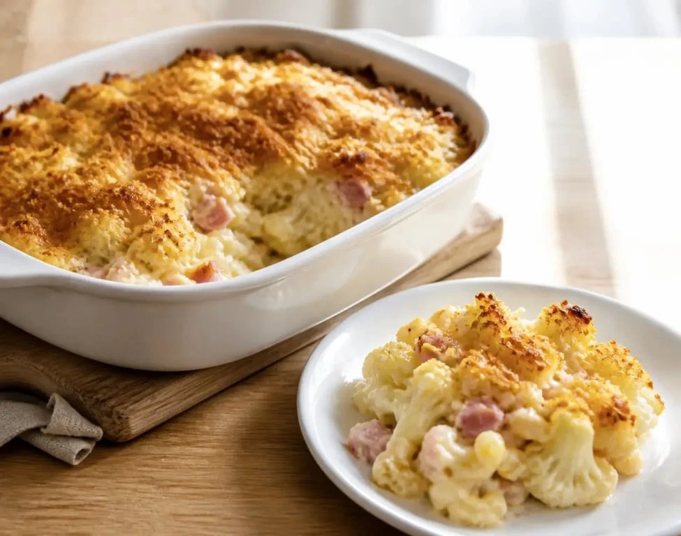 Recettes gourmandes et faciles : gratin fondant de coquillettes, chou-fleur et jambon doré au four