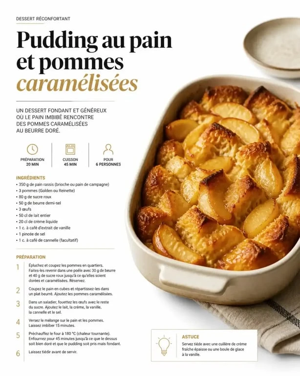 Recette de pudding au pain et pommes caramélisées.