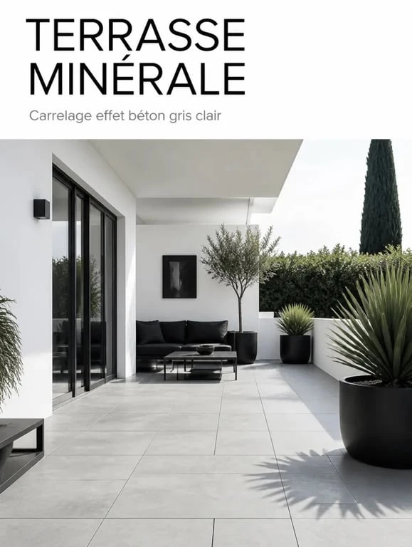 Carrelage terrasse moderne en effet béton sur une terrasse contemporaine, grandes dalles et mobilier minimaliste