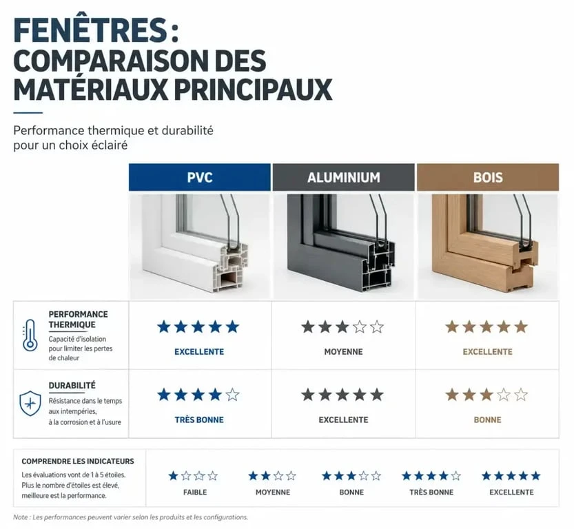 Comparatif des matériaux pour fenêtre double vitrage sur mesure : PVC, aluminium et bois