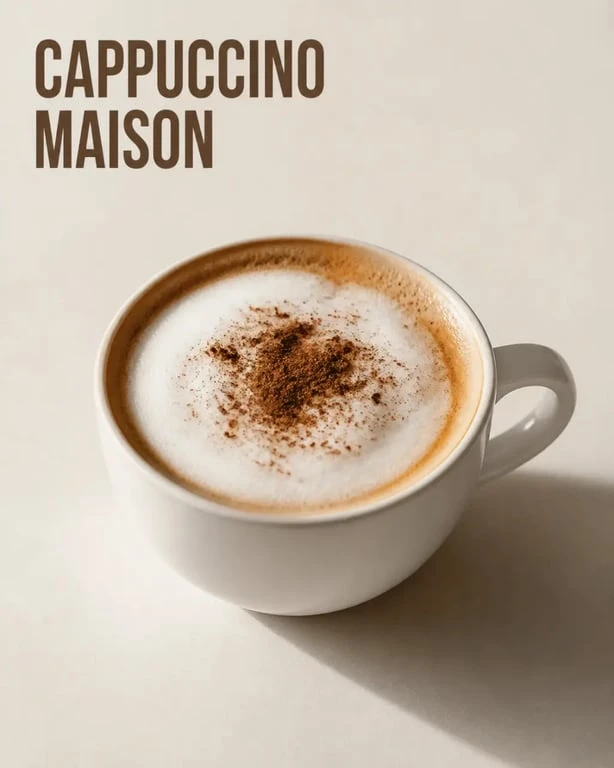 Recette cappuccino maison dans une tasse blanche avec mousse de lait et cacao