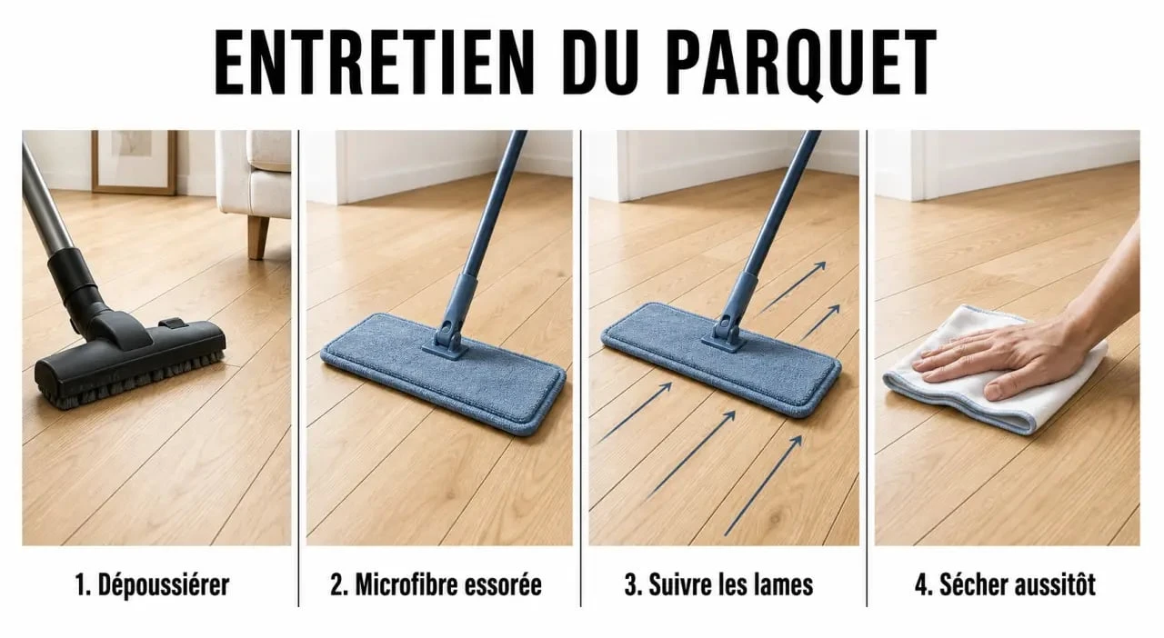 Comment nettoyer un parquet sans l’abîmer : dépoussiérage, microfibre humide et séchage