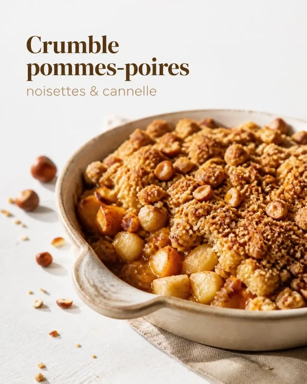 Dessert d automne crumble pommes-poires aux noisettes servi tiède dans un plat rustique