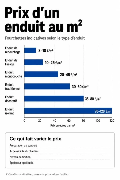 Comparatif enduit prix m2 selon le type d’enduit, les fourchettes de tarif et les facteurs de variation
