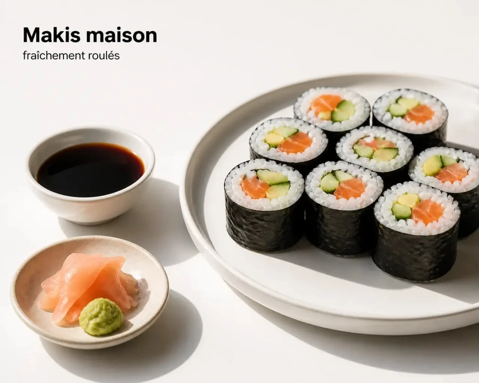 Comment faire des sushi : makis maison dressés sur une assiette avec sauce soja et gingembre mariné