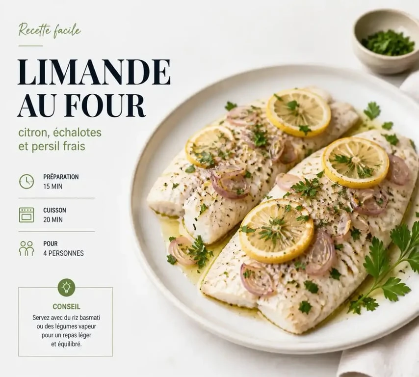 Recette de limande au four avec citron et persil sur une assiette