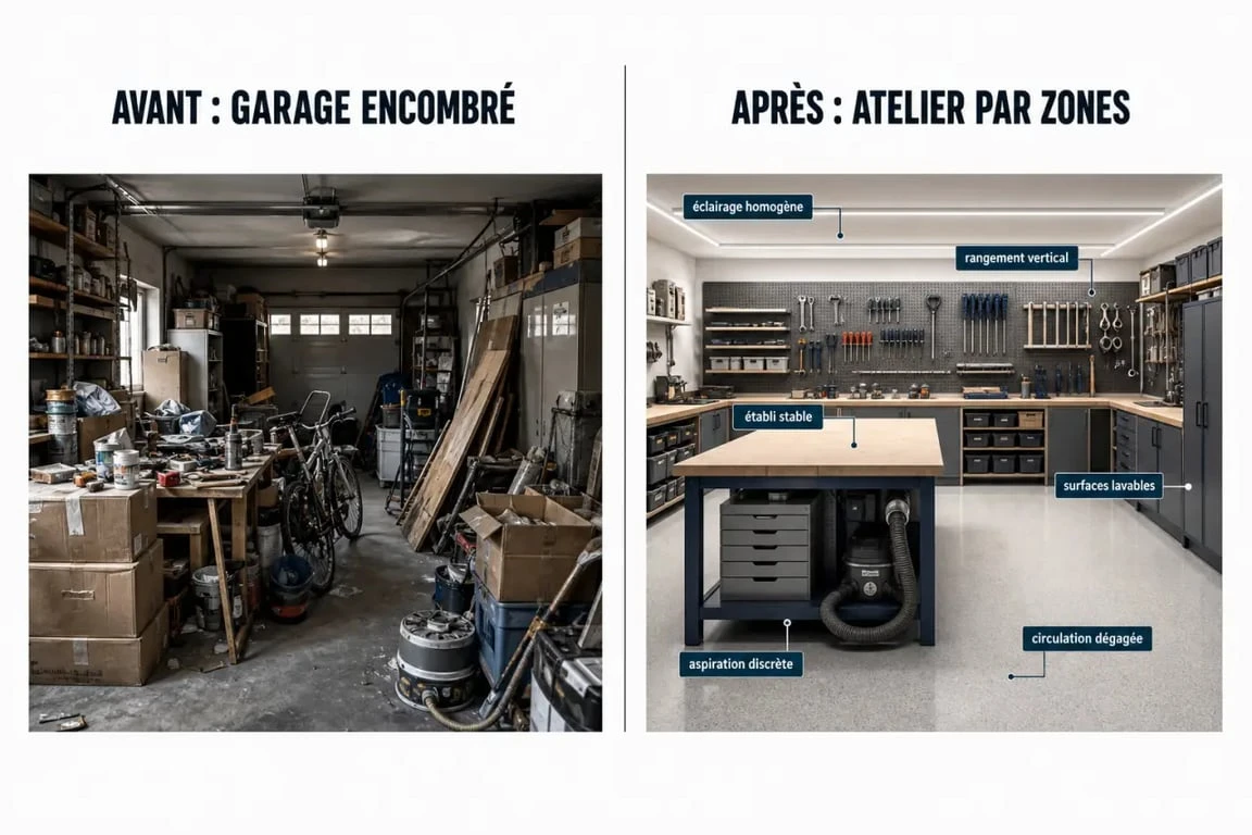Aménagement atelier bricolage : avant/après d’un atelier de bricolage organisé par zones avec établi, rangement vertical et éclairage homogène