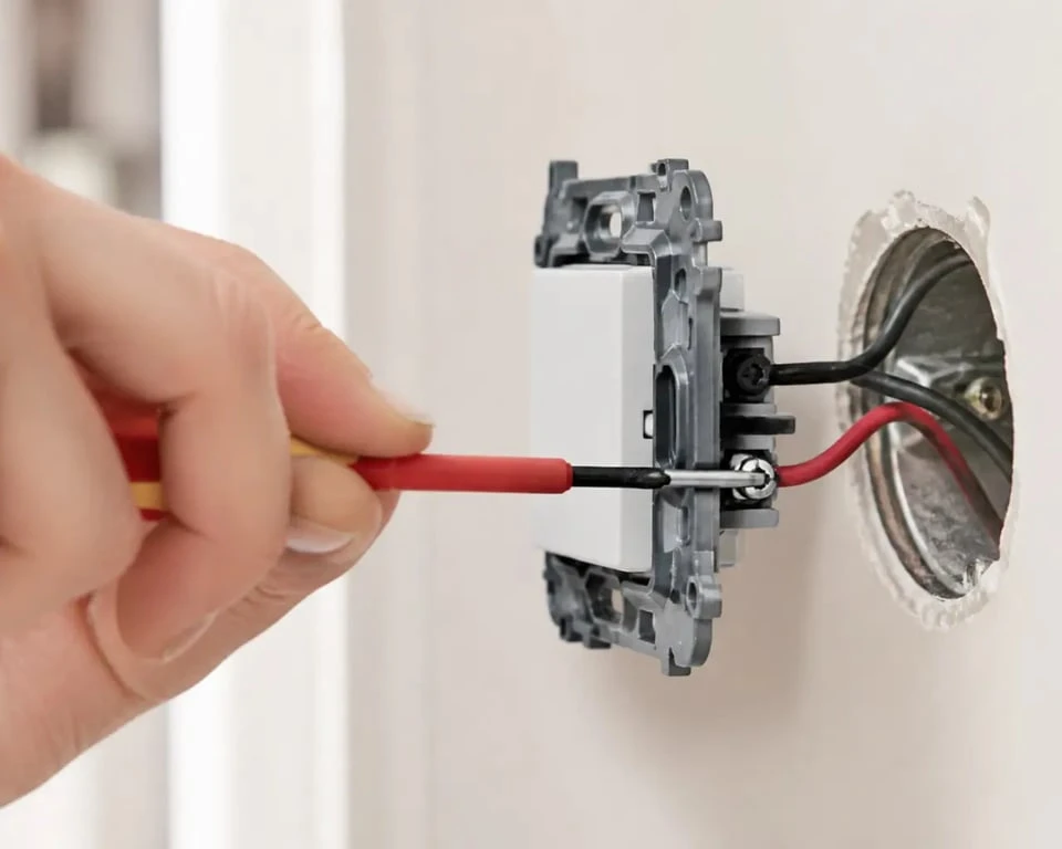 Branchement interrupteur simple Legrand en cours d’installation dans une boîte murale ouverte