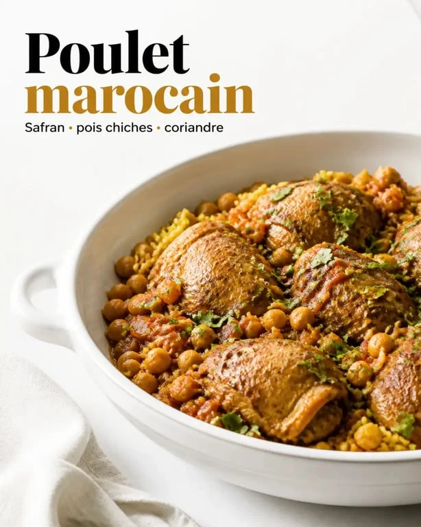 Recette au poulet marocain servie avec riz jaune, sauce parfumée et pois chiches