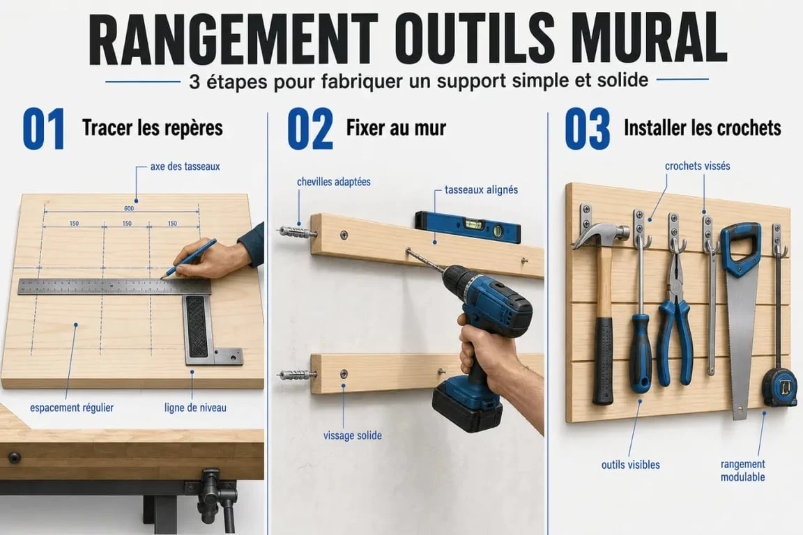 Étapes d’un rangement outils mural fait maison avec traçage, fixation et pose des outils