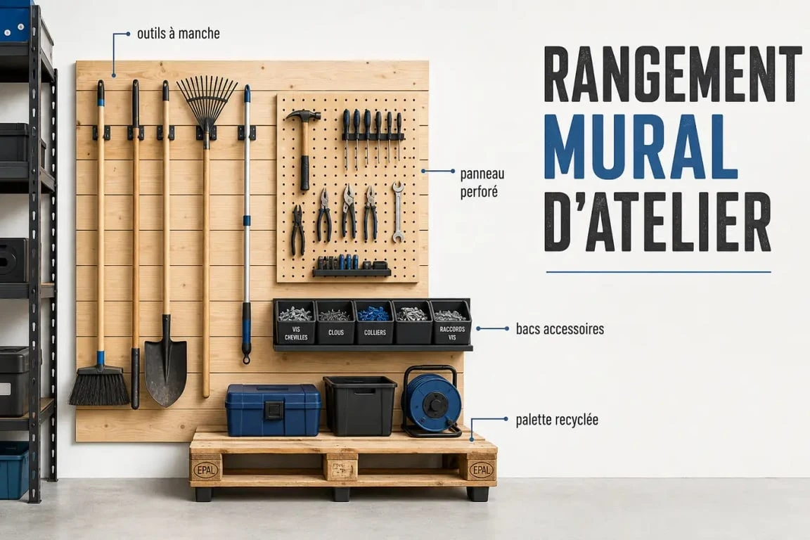 Rangement outils mural fait maison dans un garage, avec outils de jardin et petit outillage organisés sur un mur