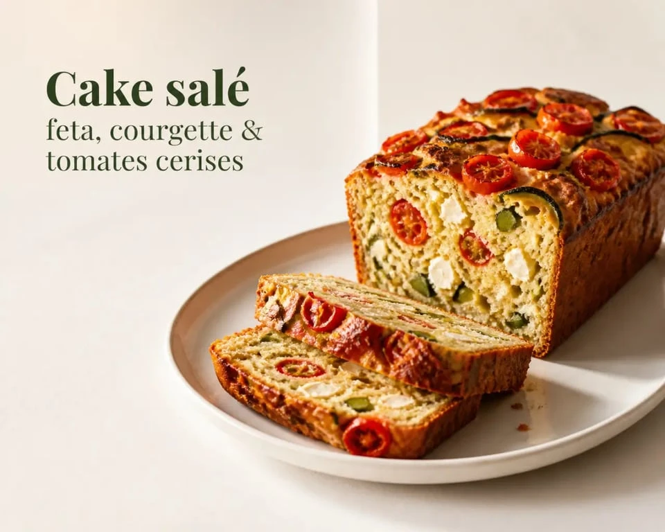 Recette sale : cake salé feta, courgette et tomates cerises servi en tranches sur assiette claire