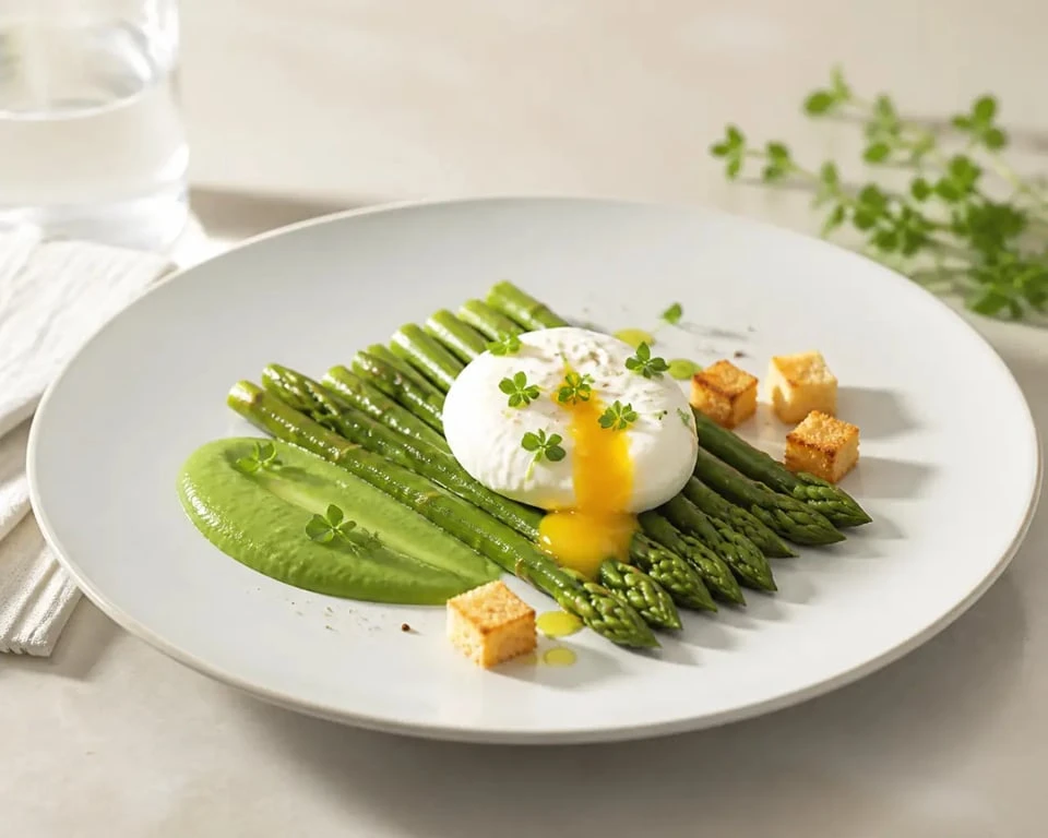 Entrée Pâques gastronomique servie en assiette raffinée avec asperges, œuf parfait et crème de petits pois