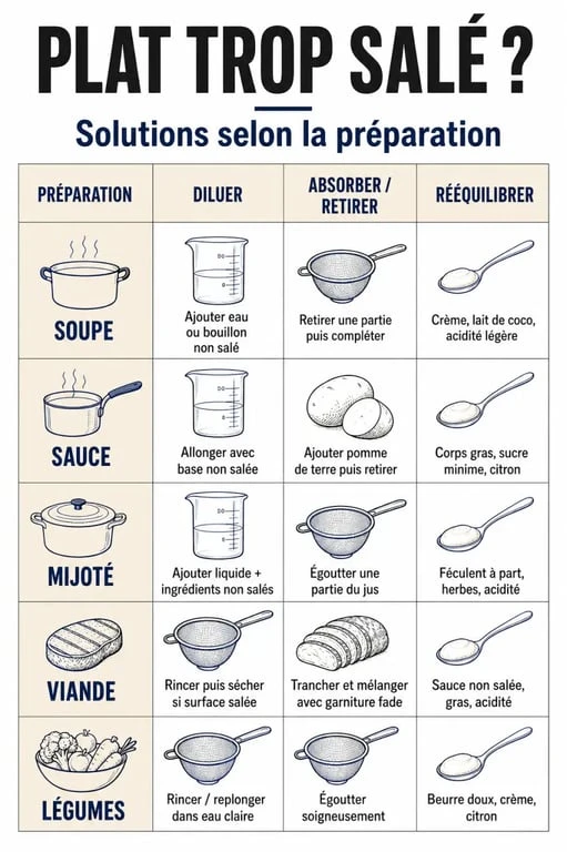 Comment rattraper un plat trop salé : tableau visuel des méthodes efficaces selon le type de préparation