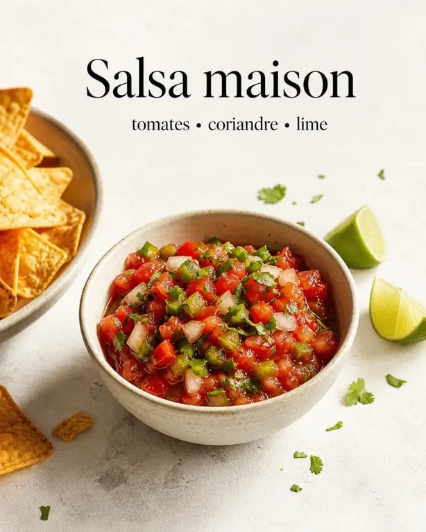 Recette sauce salsa maison servie avec des nachos et de la coriandre fraîche