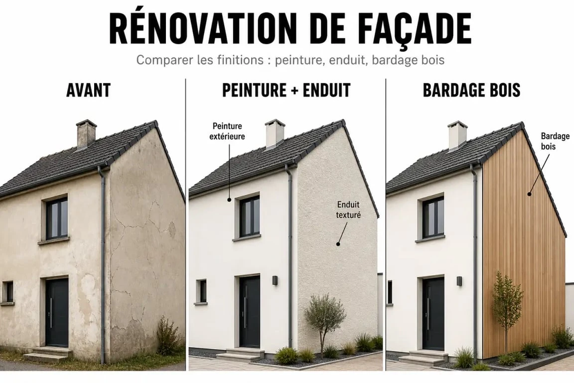 Solutions rénover ou embellir façade : maison avant et après rénovation avec peinture, enduit et bardage