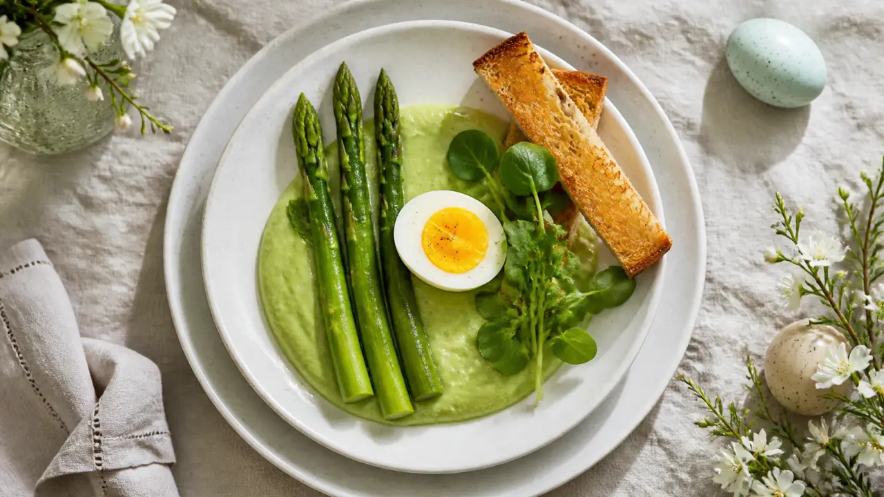Entrée pâques gastronomique : asperges vertes et œuf parfait sur crème de petits pois