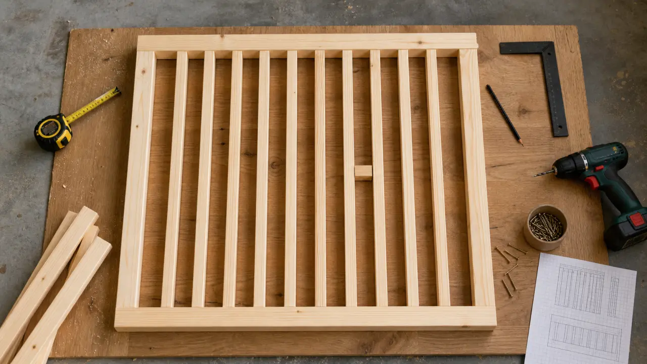 Fabriquer claustra bois : cadre en tasseaux de pin et barreaux en cours de fabrication