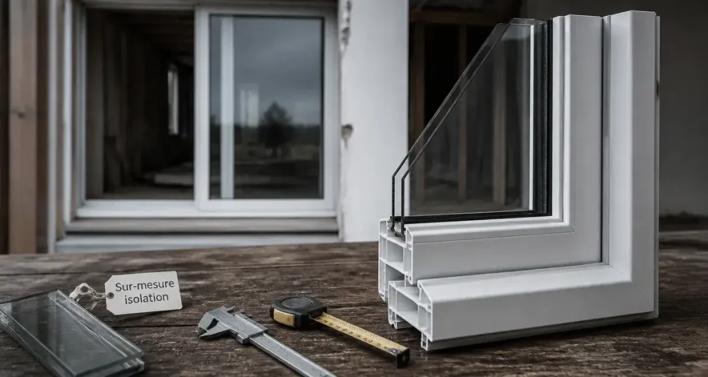 Fenetre double vitrage sur mesure PVC en atelier, isolation