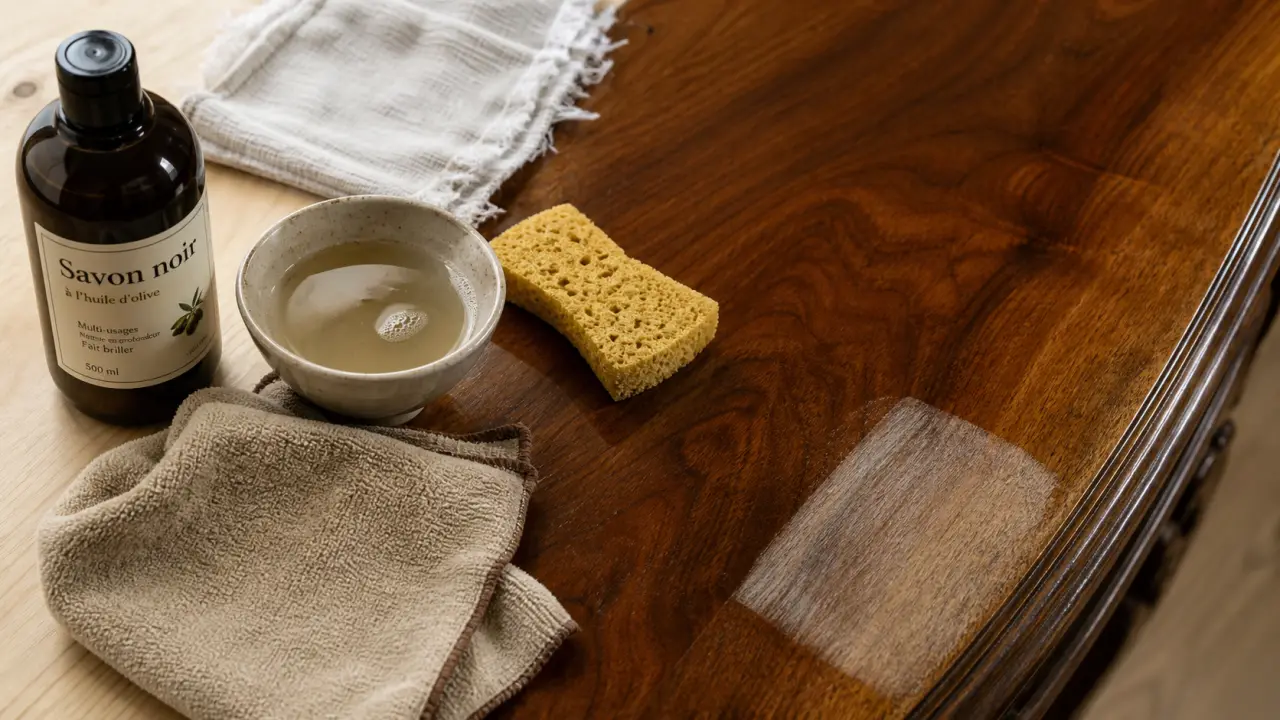 Nettoyer meuble en bois : savon noir, chiffon et eau tiède