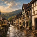 Plus beaux villages de france vosges : rue d’un village vosgien et maisons à colombages