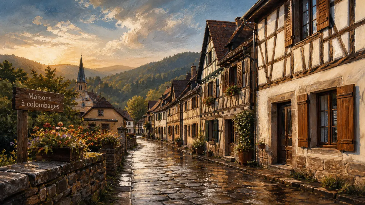 Plus beaux villages de france vosges : rue d’un village vosgien et maisons à colombages