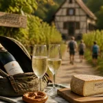 Randonnée gourmande en Alsace : sac, crémant et fromages sur fond de vignes