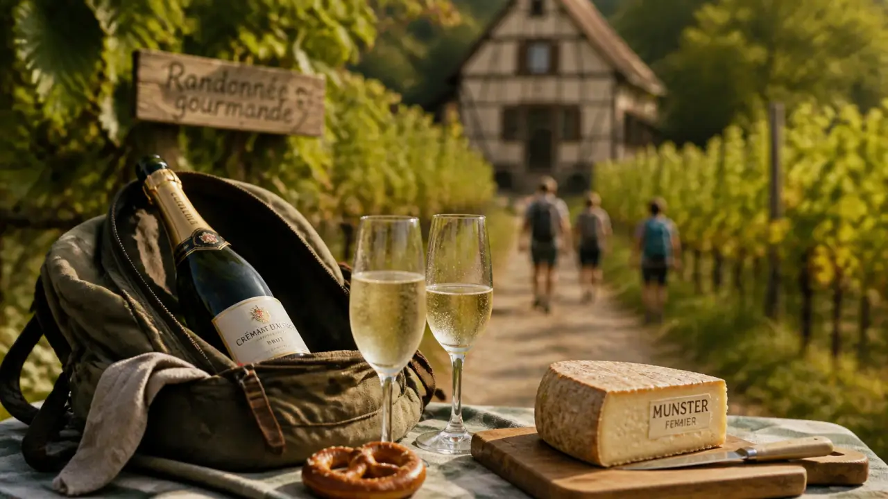 Randonnée gourmande en Alsace : sac, crémant et fromages sur fond de vignes