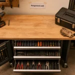 Rangement outil : servante d’atelier ouverte et outils rangés