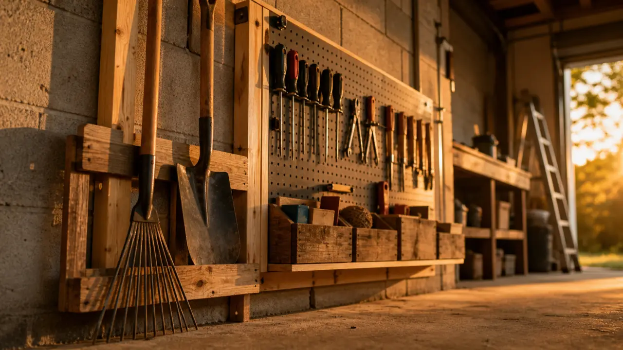 Rangement outils mural fait maison en bois et panneau perforé pour garage