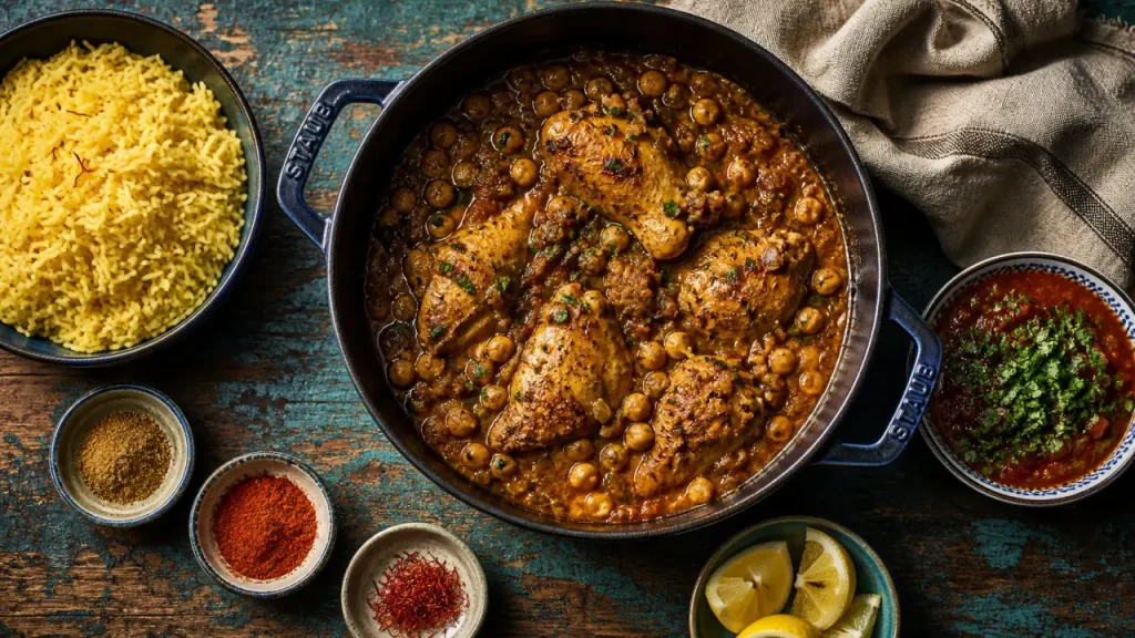 Recette au poulet marocain mijoté, sauce ambrée aux pois chiches