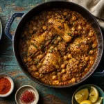 Recette au poulet marocain mijoté, sauce ambrée aux pois chiches