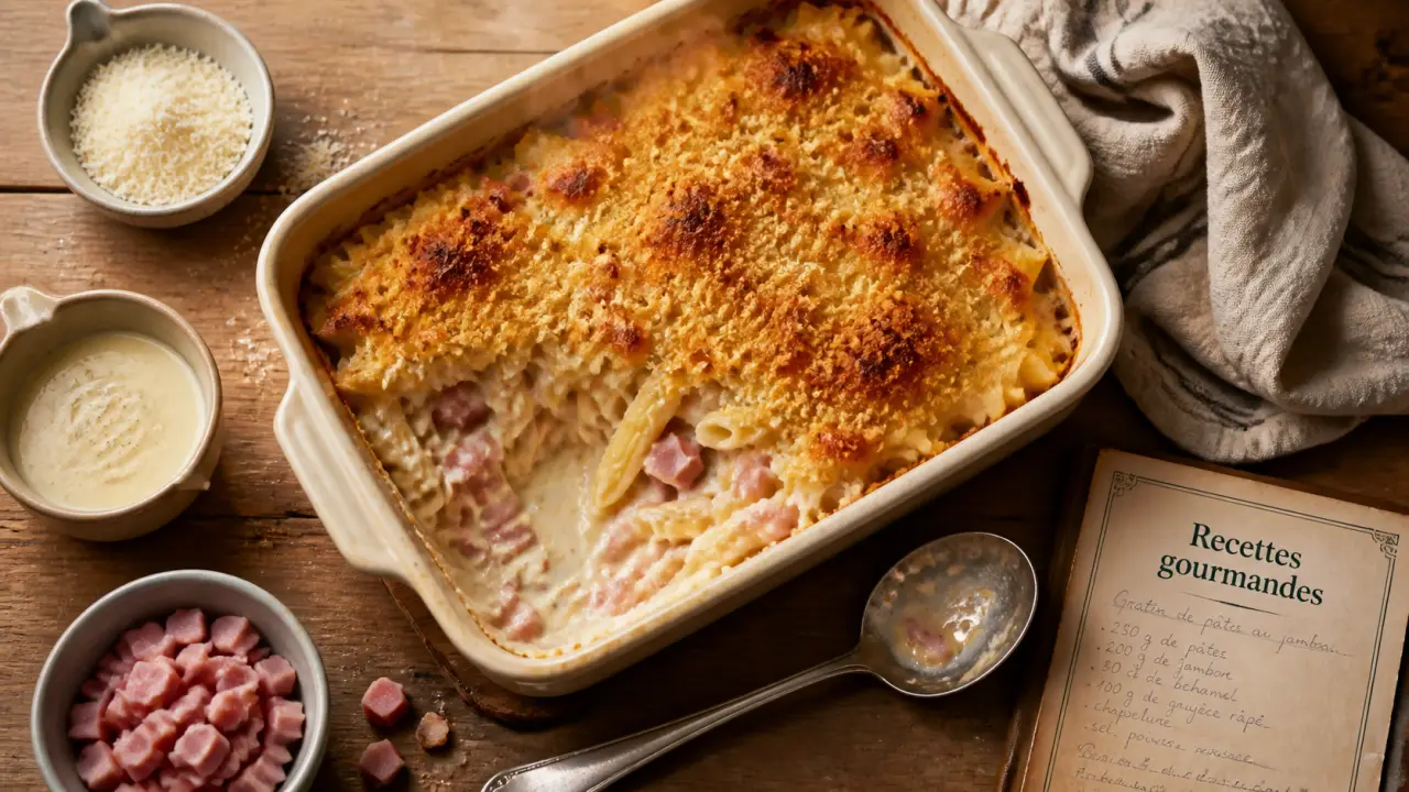 Recettes gourmandes et faciles : gratin de pâtes au jambon doré