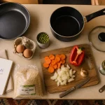 Repas camping car sans four : poêle et ingrédients pour cuisiner