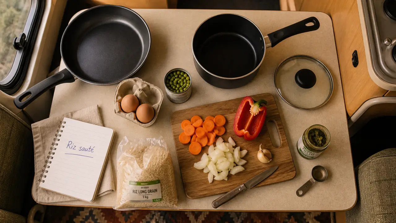 Repas camping car sans four : poêle et ingrédients pour cuisiner