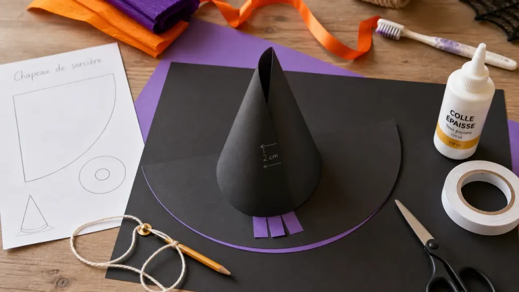 Chapeau de sorcière en papier : un cône stable, un bord net et 2 cm qui font la différence