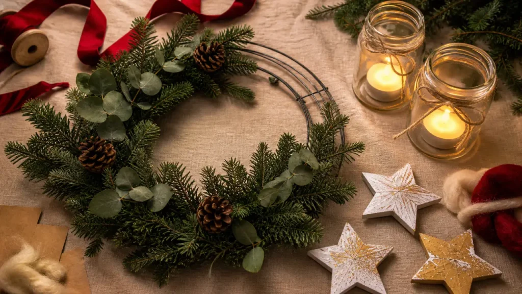 Déco noel fait maison : couronne naturelle et bocaux de Noël faits main