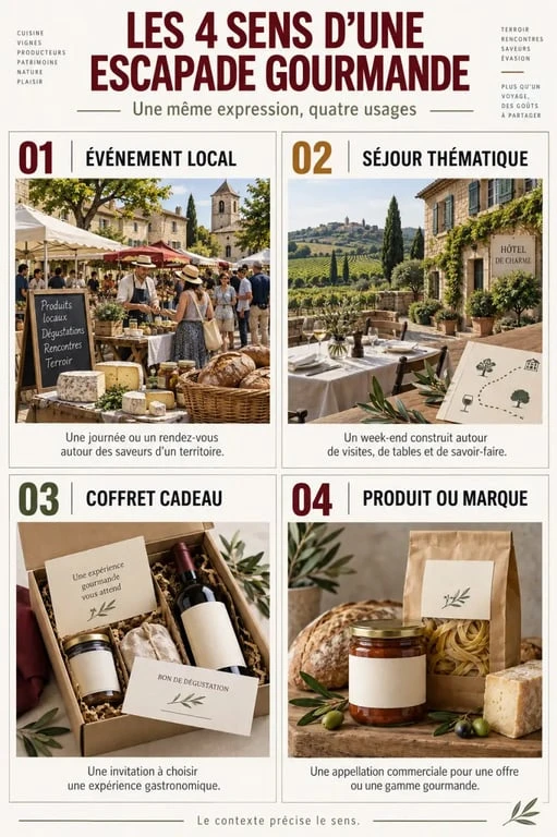 Infographie des quatre formats d’une escapade gourmande : événement, séjour, coffret cadeau et produit