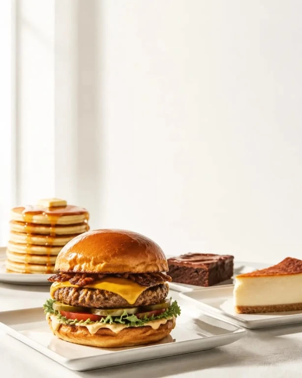 Cuisine americaine recettes : assortiment de plats américains maison avec burger, pancakes, brownie et cheesecake