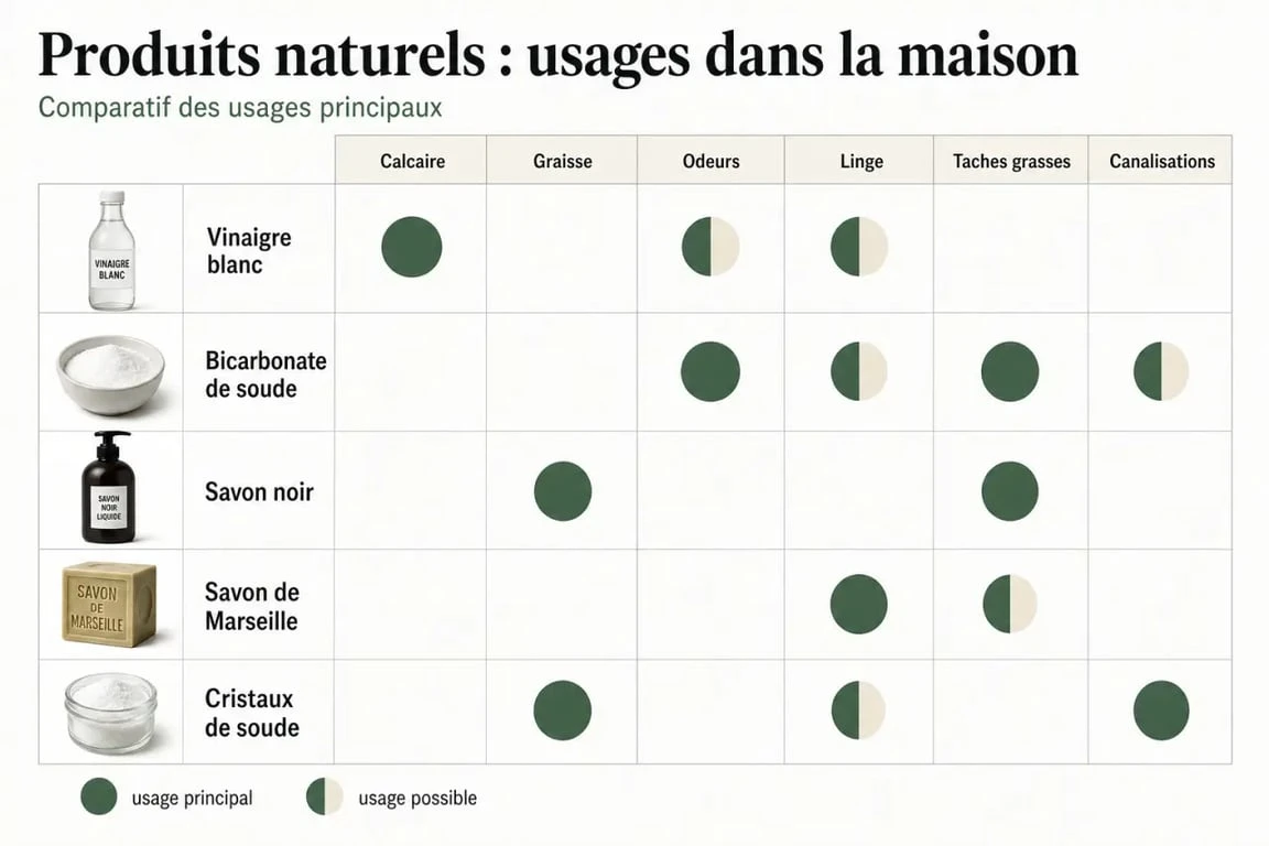 Produit entretien maison naturel : comparaison visuelle des usages du vinaigre blanc, bicarbonate, savon noir, savon de Marseille et cristaux de soude