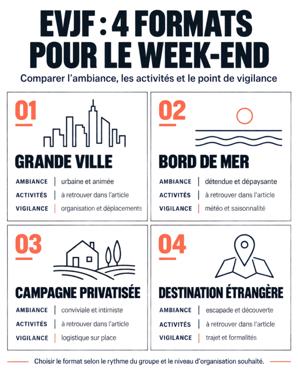 Week end EVJF : quatre formats de séjour entre grande ville, bord de mer, campagne et destination étrangère