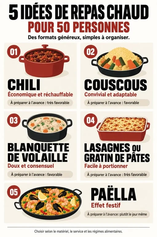 Idées de repas chaud pour 50 personnes : chili, couscous, blanquette, lasagnes et paëlla