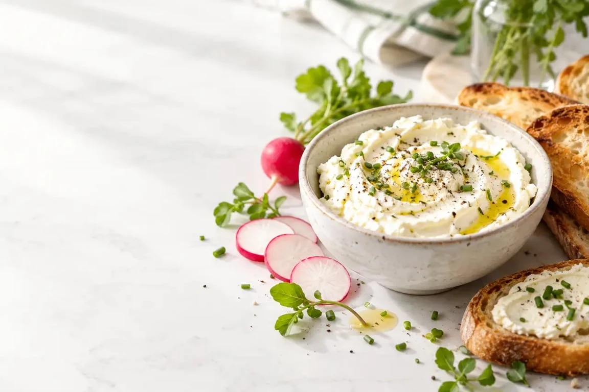 Recette fromage frais maison crémeux servi avec pain grillé et herbes fraîches
