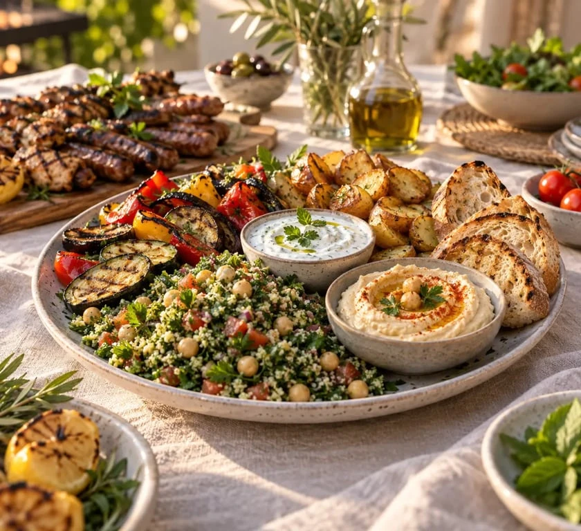 Idée accompagnement barbecue avec taboulé, légumes grillés, pommes de terre et sauces