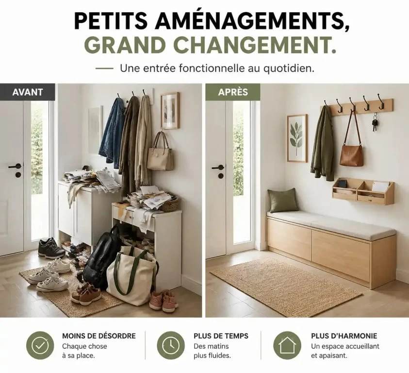 Rangement maison : entrée avant/après avec crochets, vide-poches et circulation dégagée