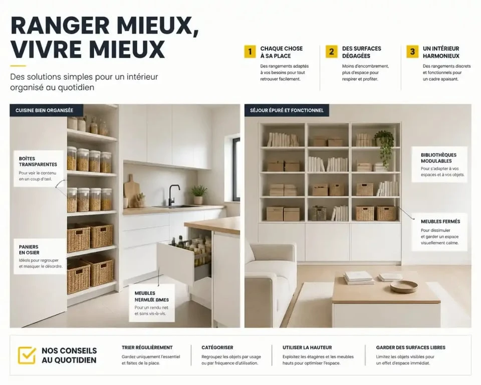 Rangement maison : cuisine et séjour organisés avec étagères, paniers et boîtes transparentes