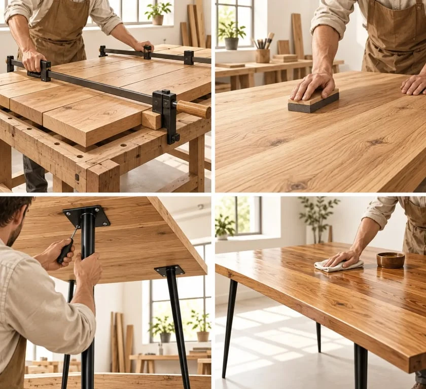 Étapes de fabrication d’une table maison en bois avec assemblage, ponçage et fixation des pieds