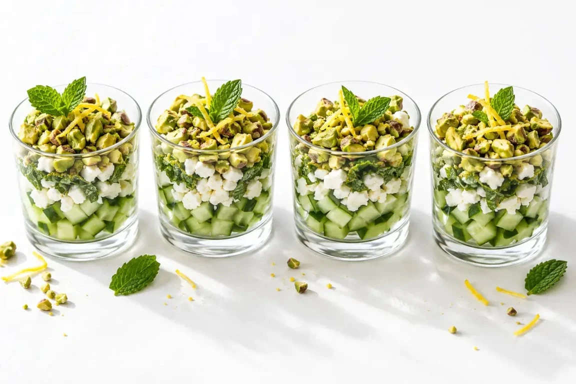 Recettes d'entrées simples et originales : verrines de concombre, feta, menthe et pistaches
