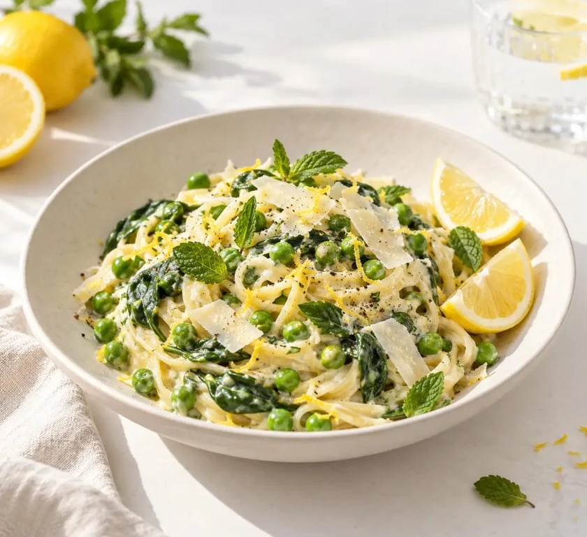 Idées repas mai : pâtes crémeuses aux petits pois, épinards et citron