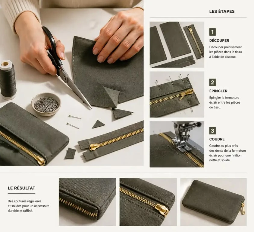 Fabrication d'un accessoire fait maison avec tissu, fil et outils de couture